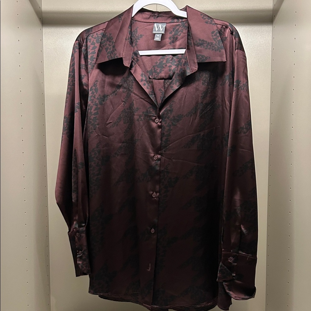 “Chocolate Plum” Satin Long Sleeve Button Up Blouse BNWT XL